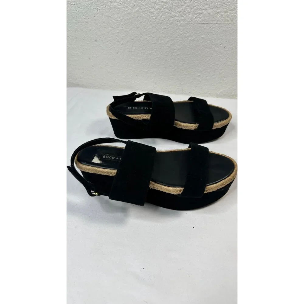 Alice + Olivia Anastasia Flatforms Suede Platform Sandals Jute Trim Black 7.5